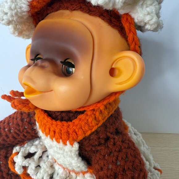 Rare Vintage Rubber Face Stuffed Monkey with Handmade Crochet Dress 1970's - Picture 4 of 6